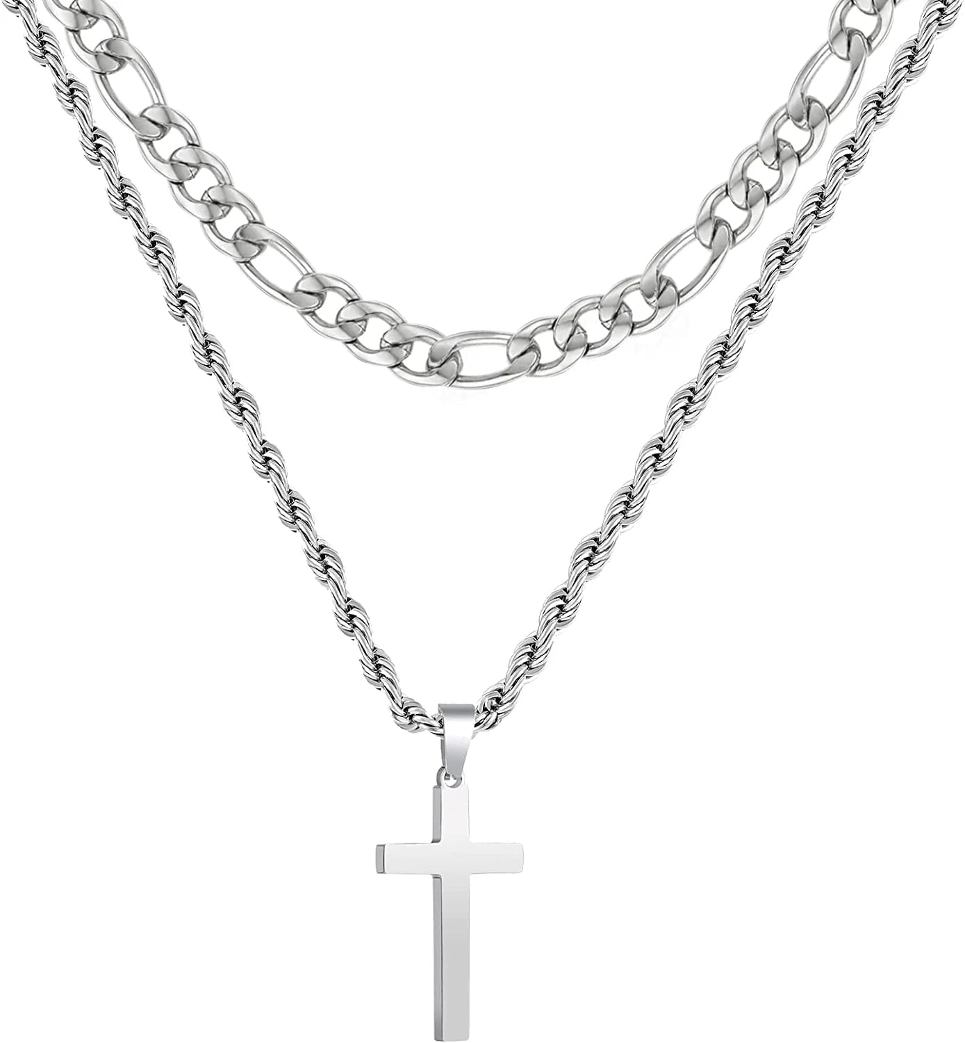 Layered Silver Cross Necklace for Men Stainless Steel