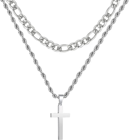 Layered Silver Cross Necklace for Men Stainless Steel