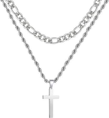 Layered Silver Cross Necklace for Men Stainless Steel