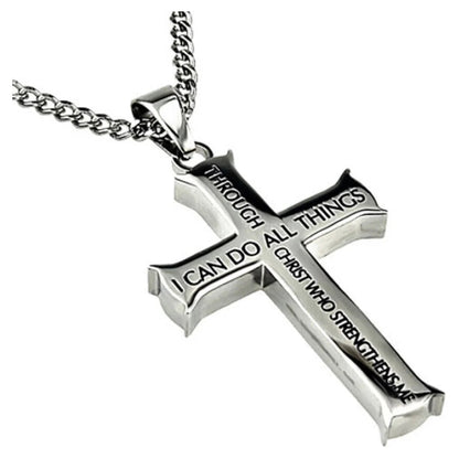 Philippians 4:13 Jewelry Cross Necklace Stainless Steel 20 Inch Chain