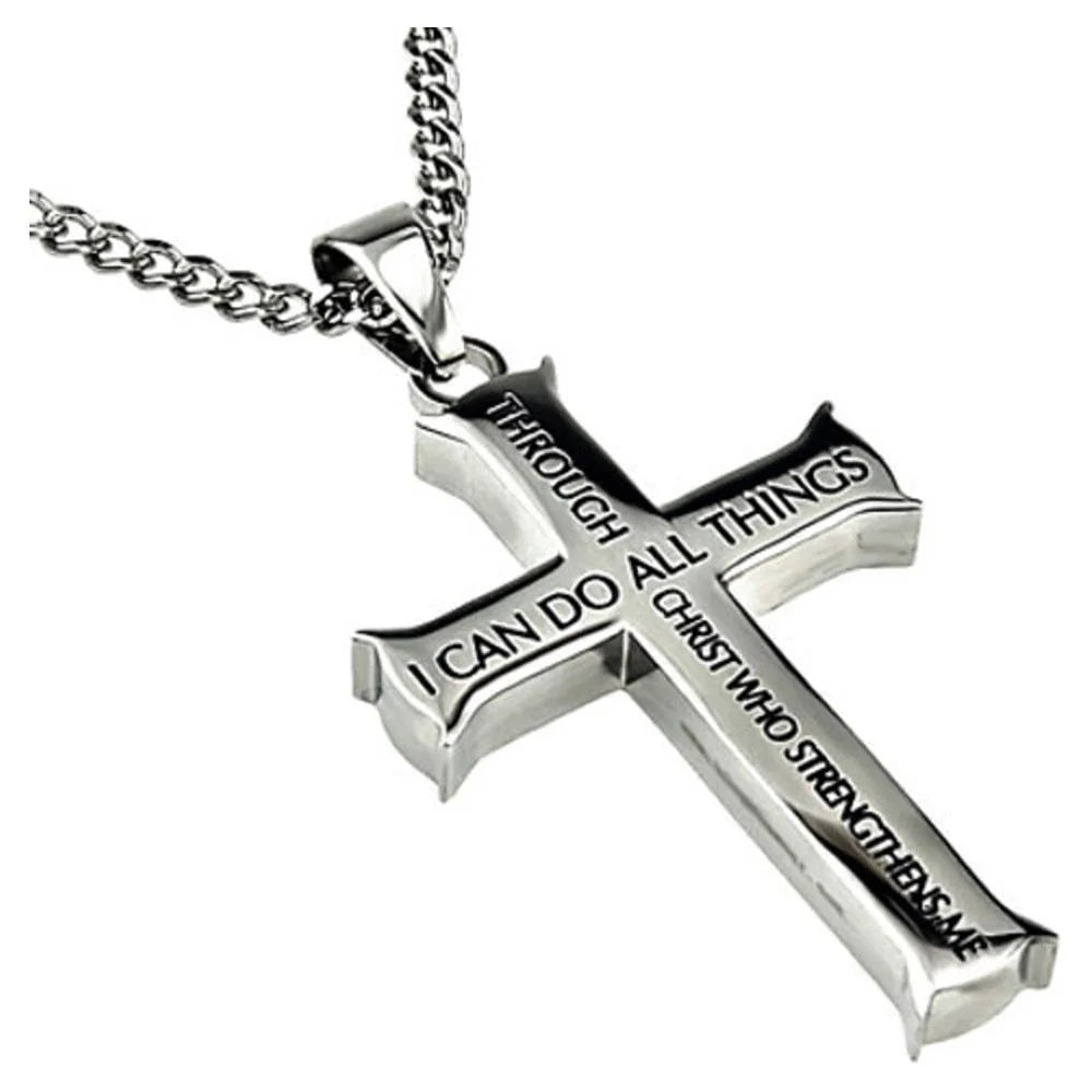 Philippians 4:13 Jewelry Cross Necklace Stainless Steel 20 Inch Chain