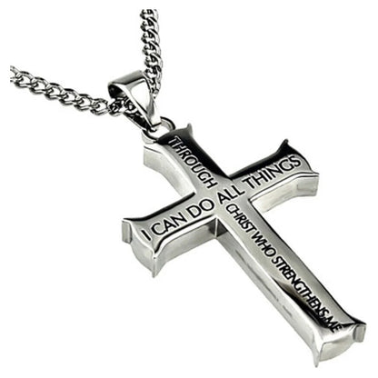 Philippians 4:13 Jewelry Cross Necklace Stainless Steel 20 Inch Chain