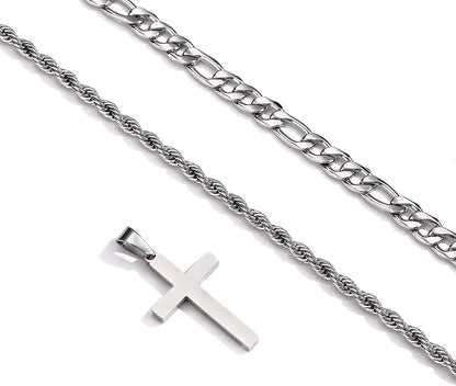 Layered Silver Cross Necklace for Men Stainless Steel