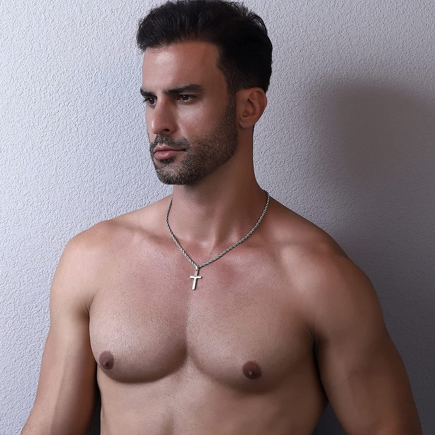 Layered Silver Cross Necklace for Men Stainless Steel