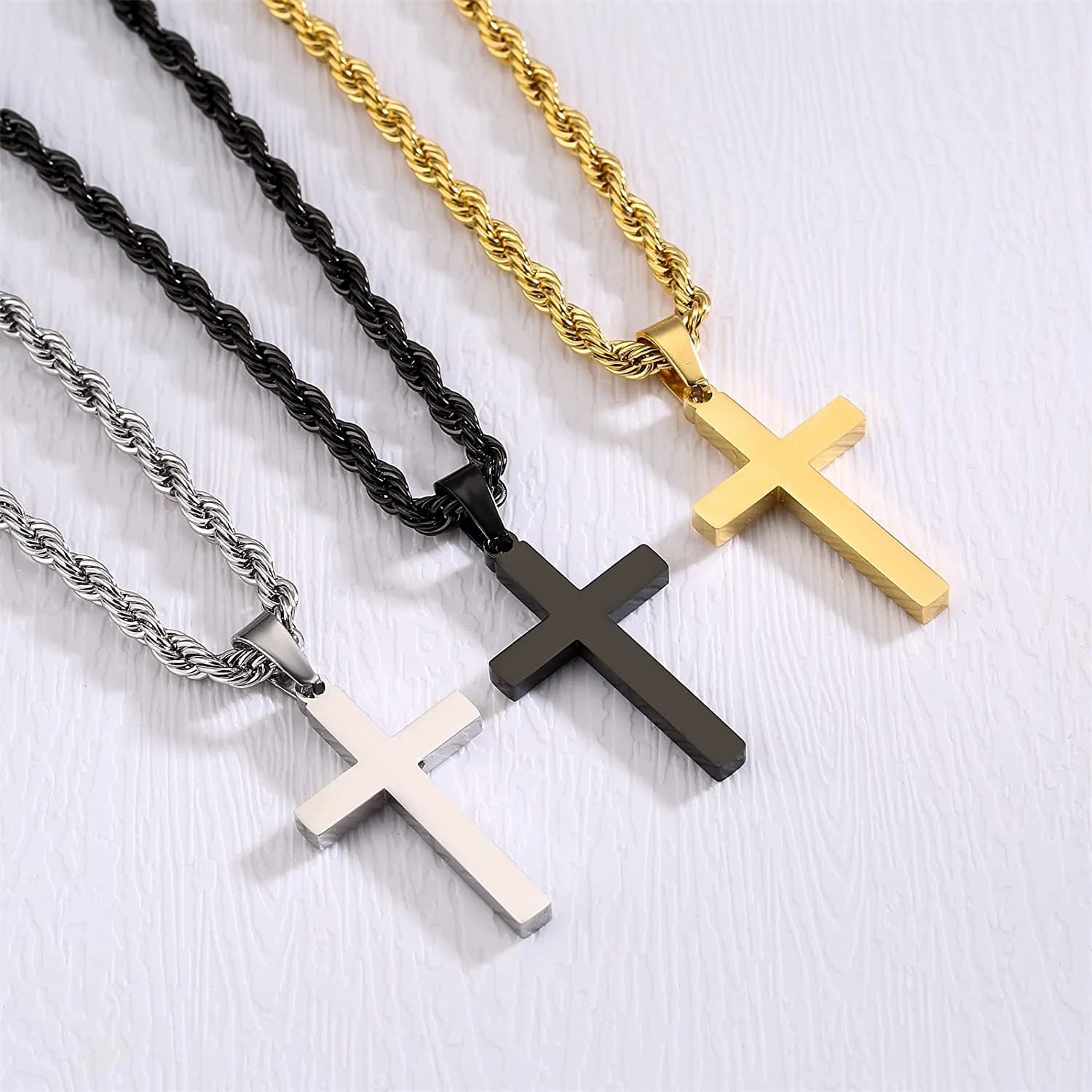 Layered Silver Cross Necklace for Men Stainless Steel