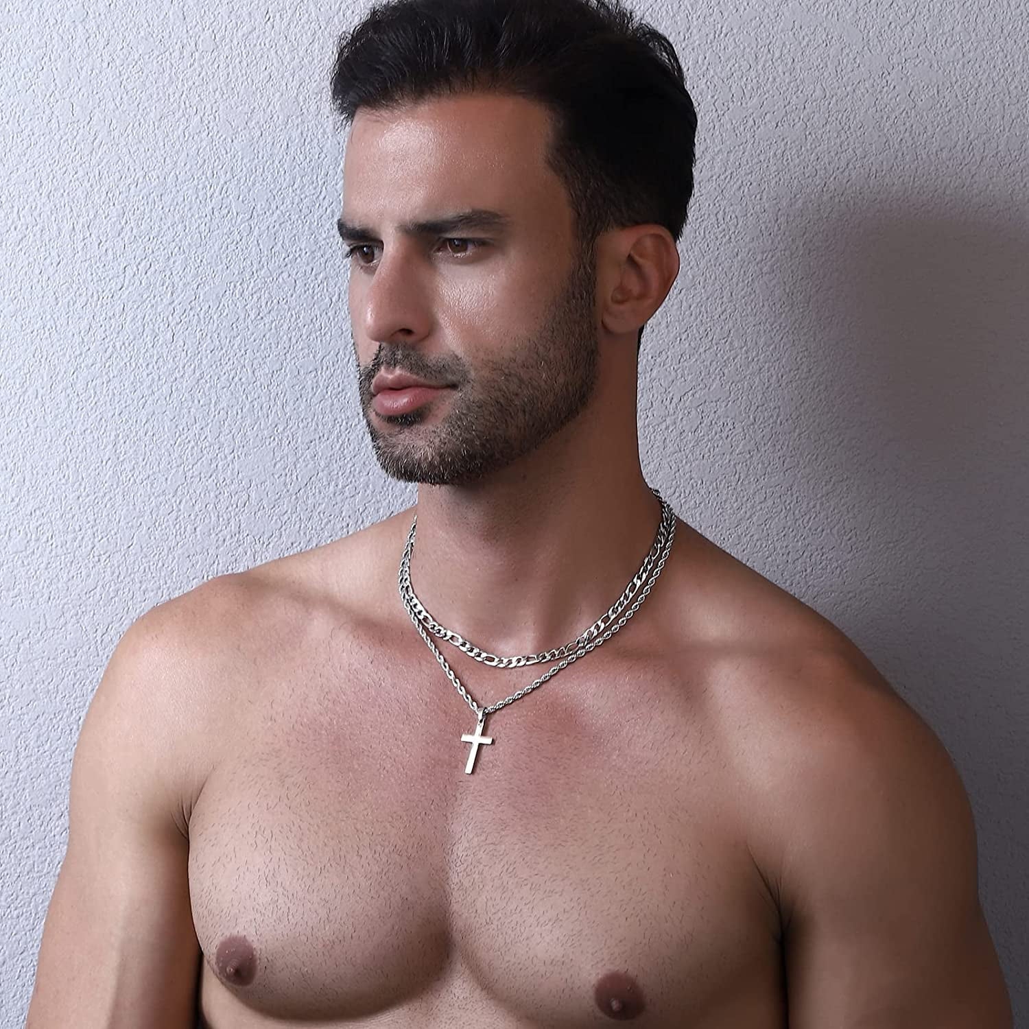 Layered Silver Cross Necklace for Men Stainless Steel