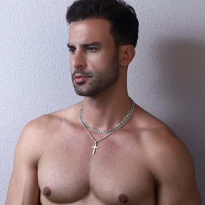Layered Silver Cross Necklace for Men Stainless Steel